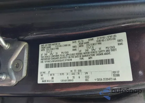 2016 Ford Escape Se z USA, uszkodzony, nr VIN 1FMCU9GX0GUC31939